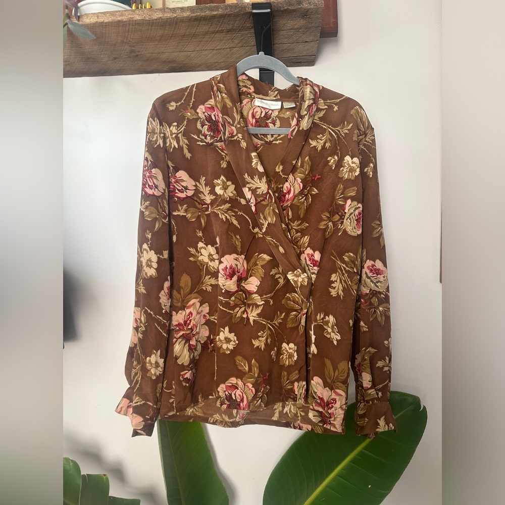 Silk Brown and Pink Floral V-Neck Wrap front Long Sleeve Blouse
